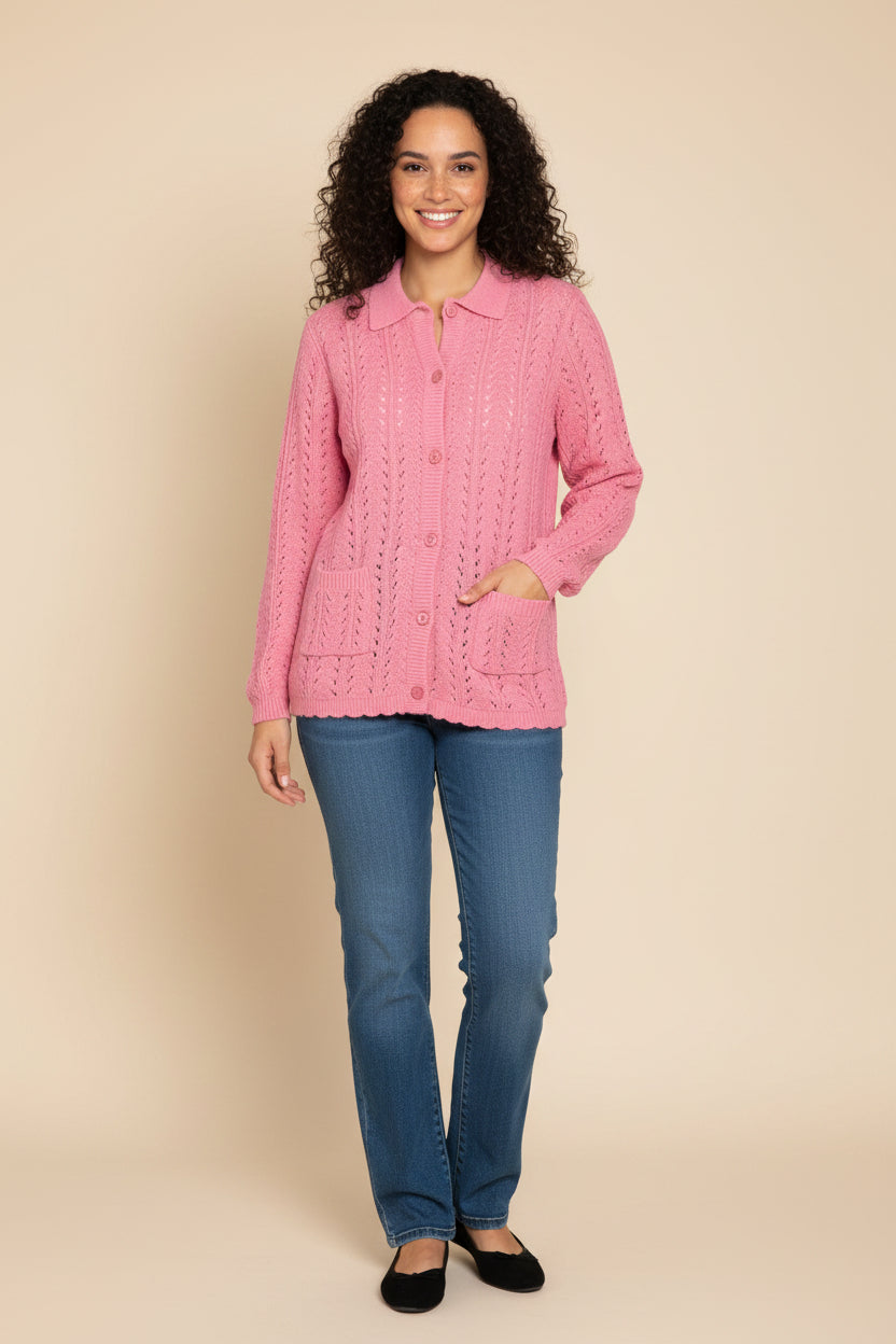 Women's Button Front Crochet Pointelle Cardigan with Pockets